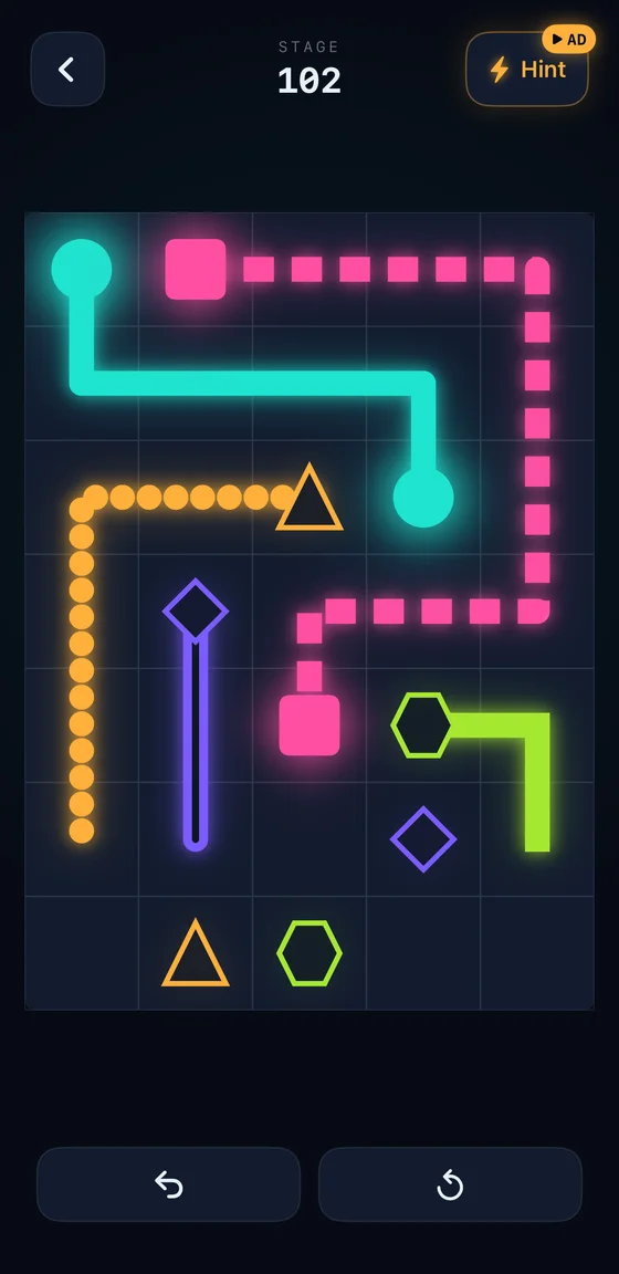 A puzzle in progress, four colored lines drawn across the grid