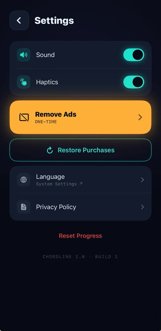 Settings with sound, haptics and the ad-free purchase